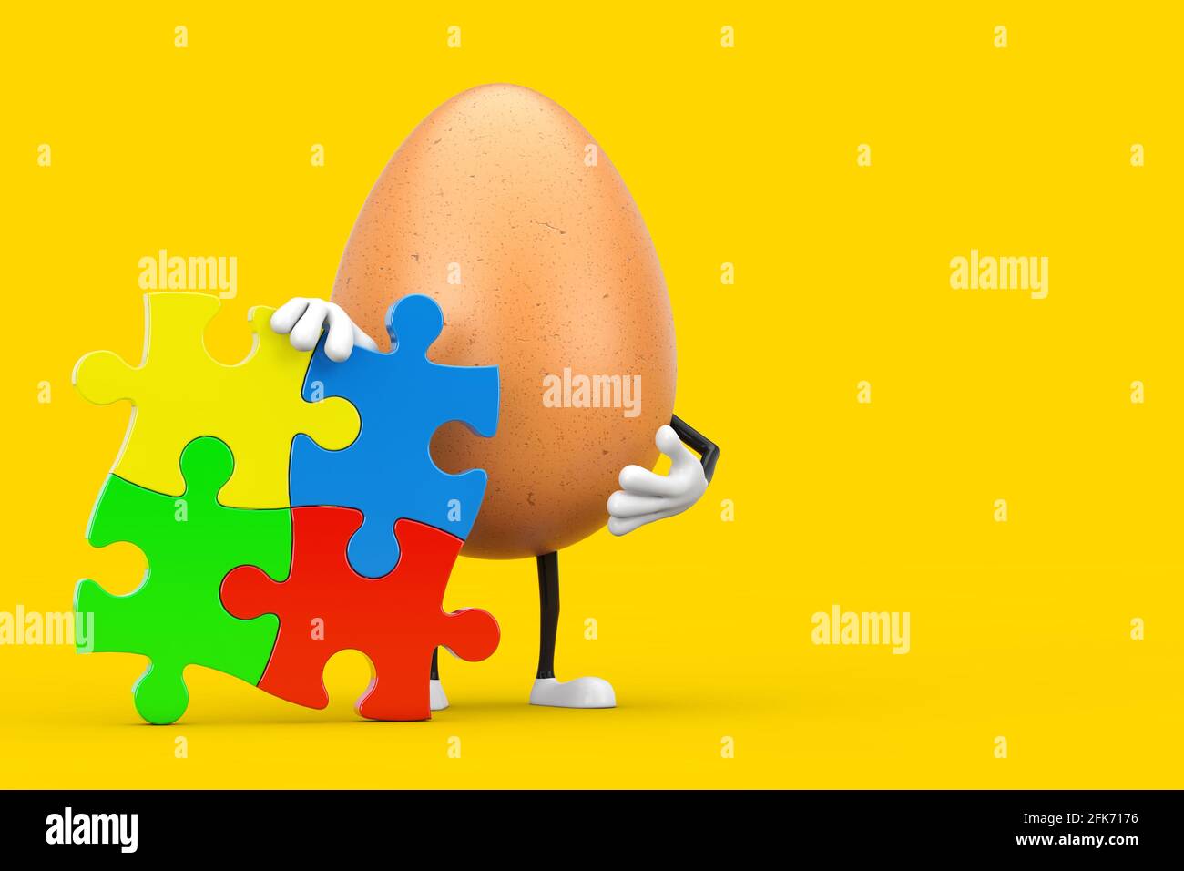 Brown Chicken Egg Person Character Mascot with Four Pieces of Colorful Jigsaw Puzzle on a yellow background. 3d Rendering Stock Photo