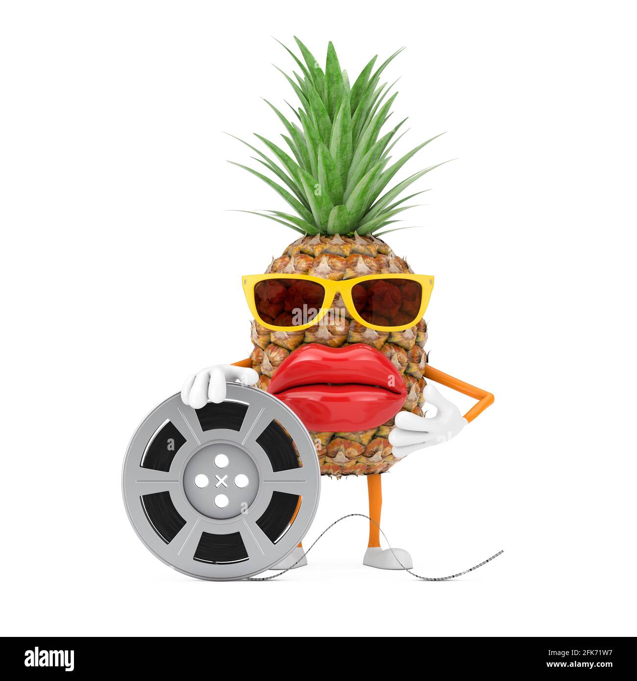 Fun Cartoon Fashion Hipster Cut Pineapple Person Character Mascot with Film Reel Cinema Tape on a white background. 3d Rendering Stock Photo