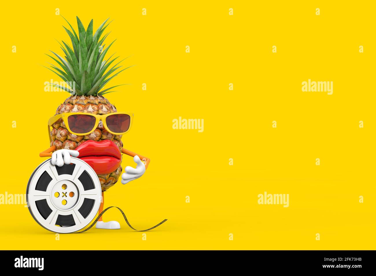 Fun Cartoon Fashion Hipster Cut Pineapple Person Character Mascot with Film Reel Cinema Tape on a yellow background. 3d Rendering Stock Photo