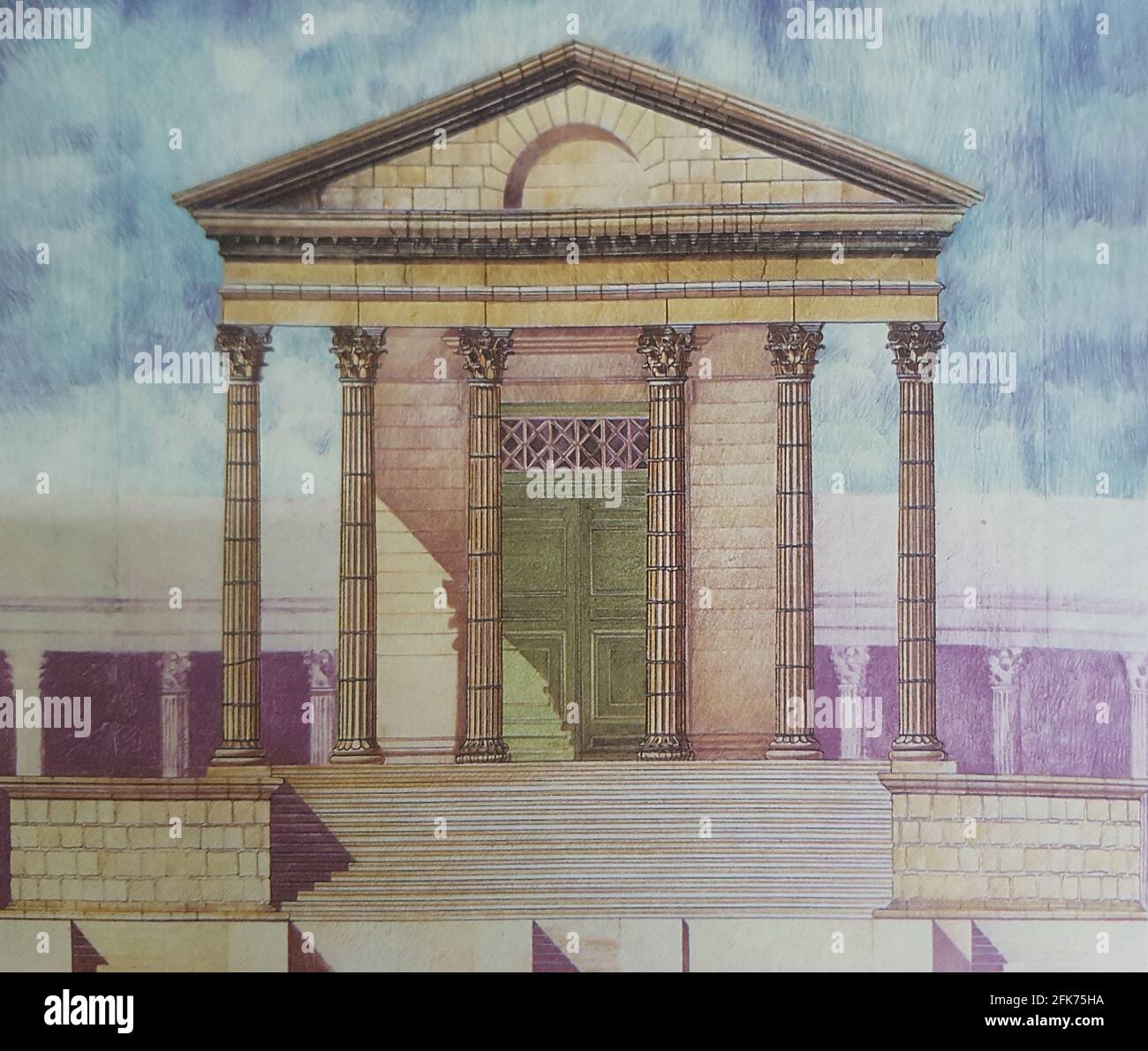 Temple of Diana facade, Hypothetical depiction by Dionisio Hernandez, Merida, Extremadura, Spain. Best-preserved Roman temple in Spain Stock Photo