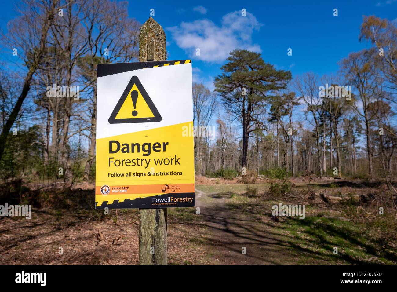 Surrey UK- April 2021: Forestry warning sign in the Surrey Hills Stock Photo
