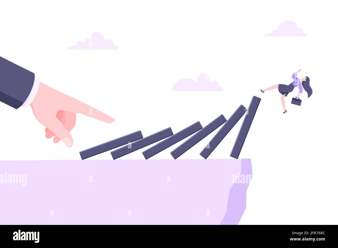 Domino effect or business crisis metaphor vector illustration concept. Adult young businesswoman falls down from hand falling domino line business con Stock Vector