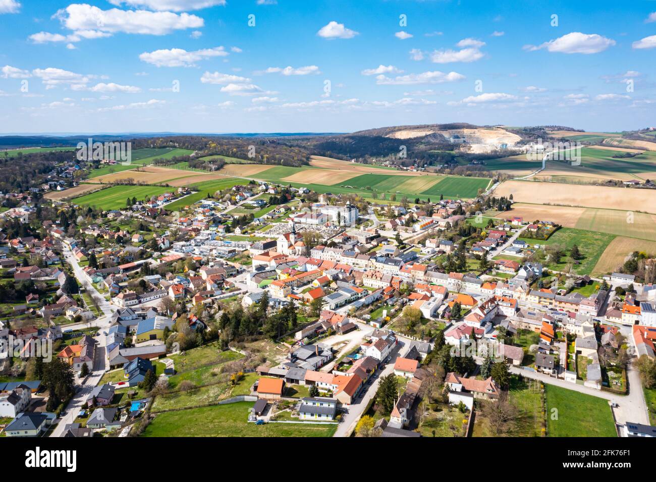 Ernstbrunn in the Korneuburg district. Panorama aerial view in the Weinviertel region in Lower Austria. Stock Photo
