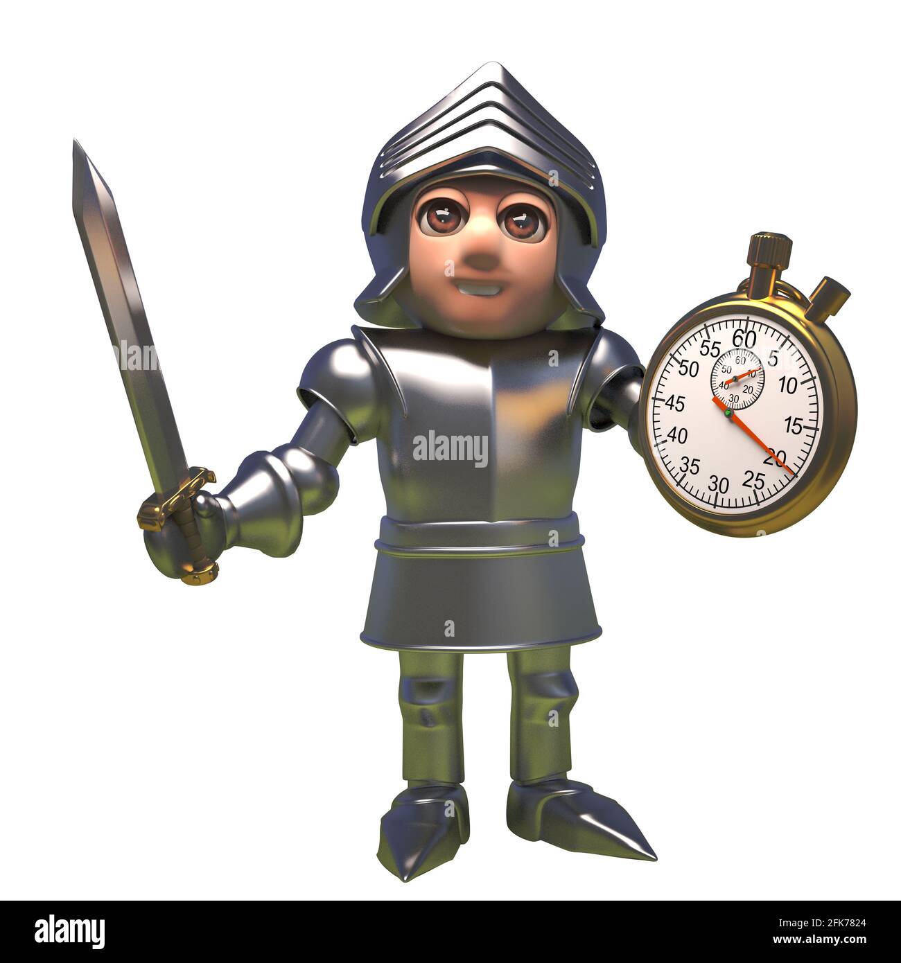 3d medieval knight in shining armour cartoon character holding a sword and stopwatch, 3d illustration Stock Photo