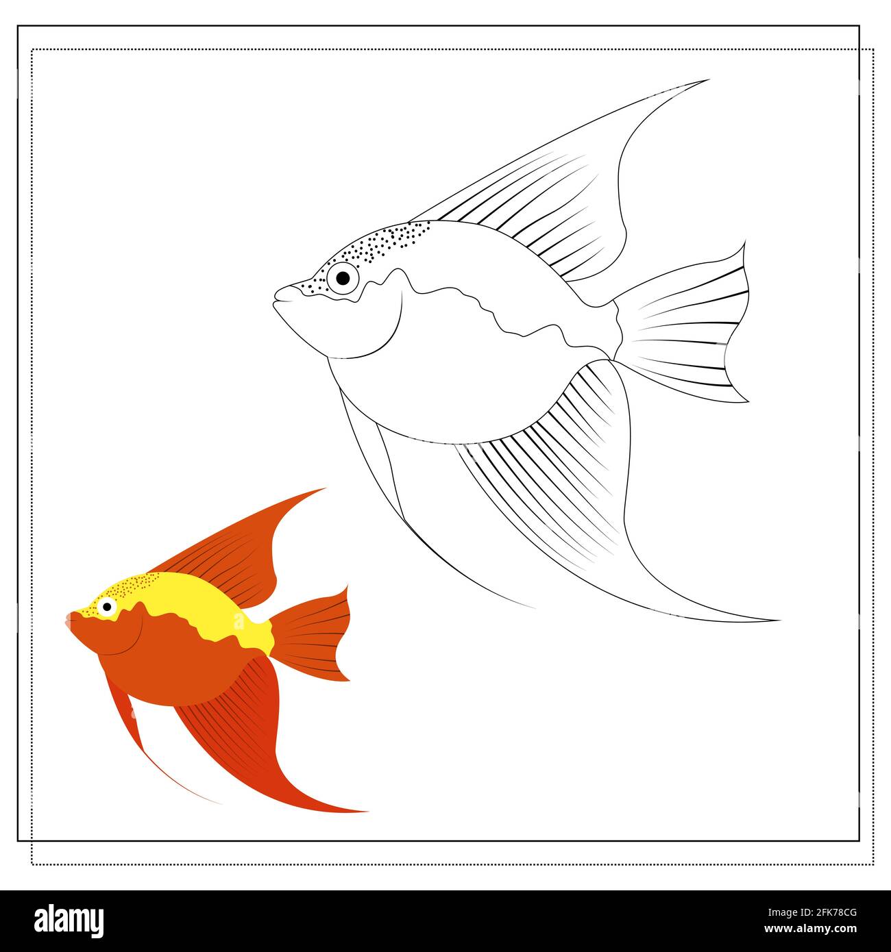 Page of a coloring book, orange fish with yellow stripes. Color