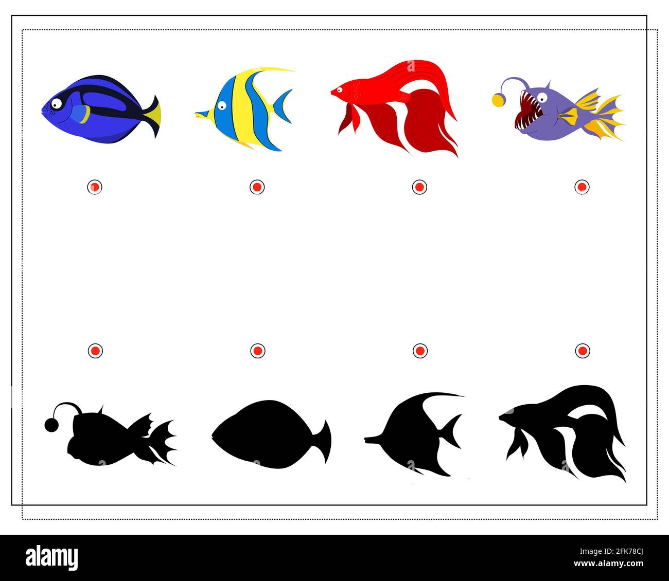 puzzle game for kids find the right shadow, sea fish. vector