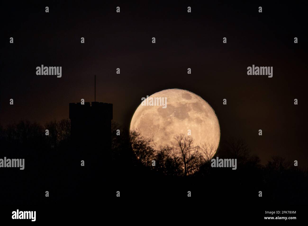 Rising super moon behind a castle tower and trees Stock Photo