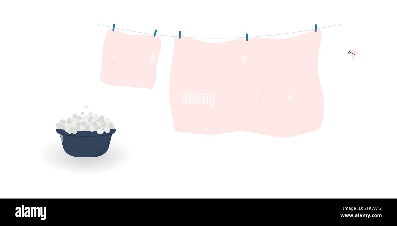 Concept of washing and drying: washed cute soft pink bed sheet and pillowcase with butterfly.Linen hanging on clothesline and attached by clothespins Stock Photo