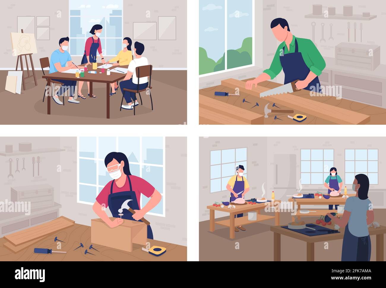 Creative workshop flat color vector illustration set Stock Vector
