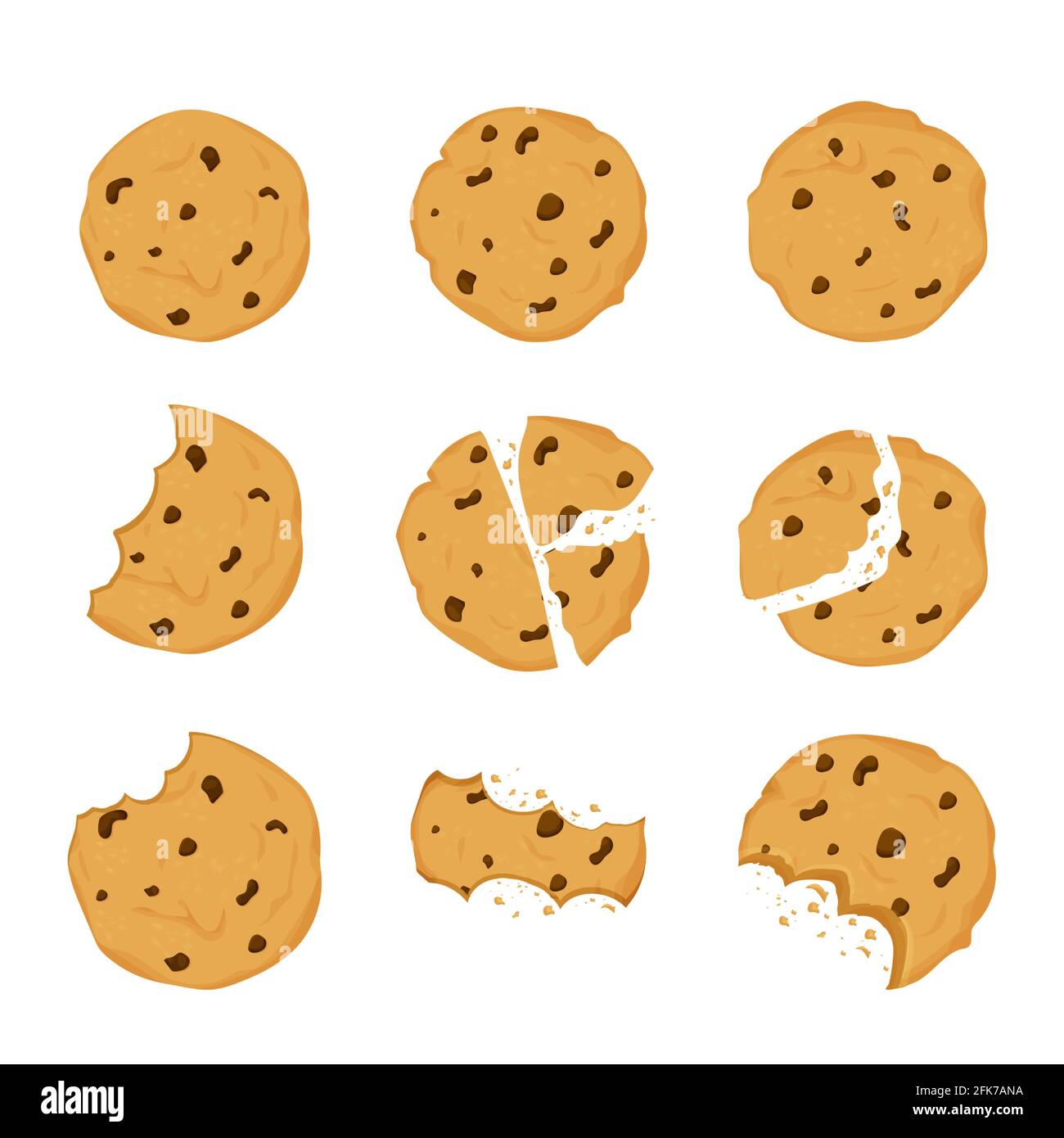 Set of Cookies with chocolate crisps bitten, broken, cookie crumbs in cartoon flat style isolated on white background. Snack bake, traditional bakery Stock Vector