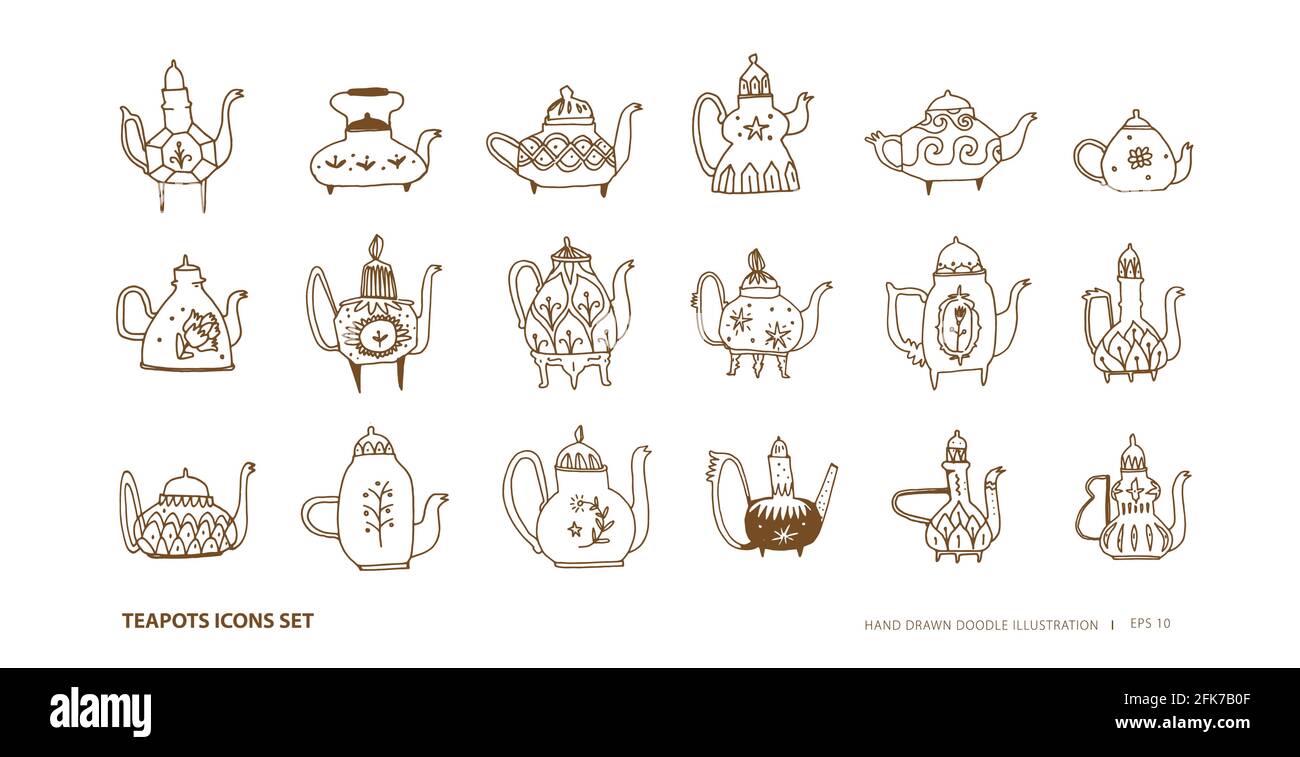 Teapots outline icons set. Line art with teapots design elements in vintage style. Doodle vector illustration Stock Vector