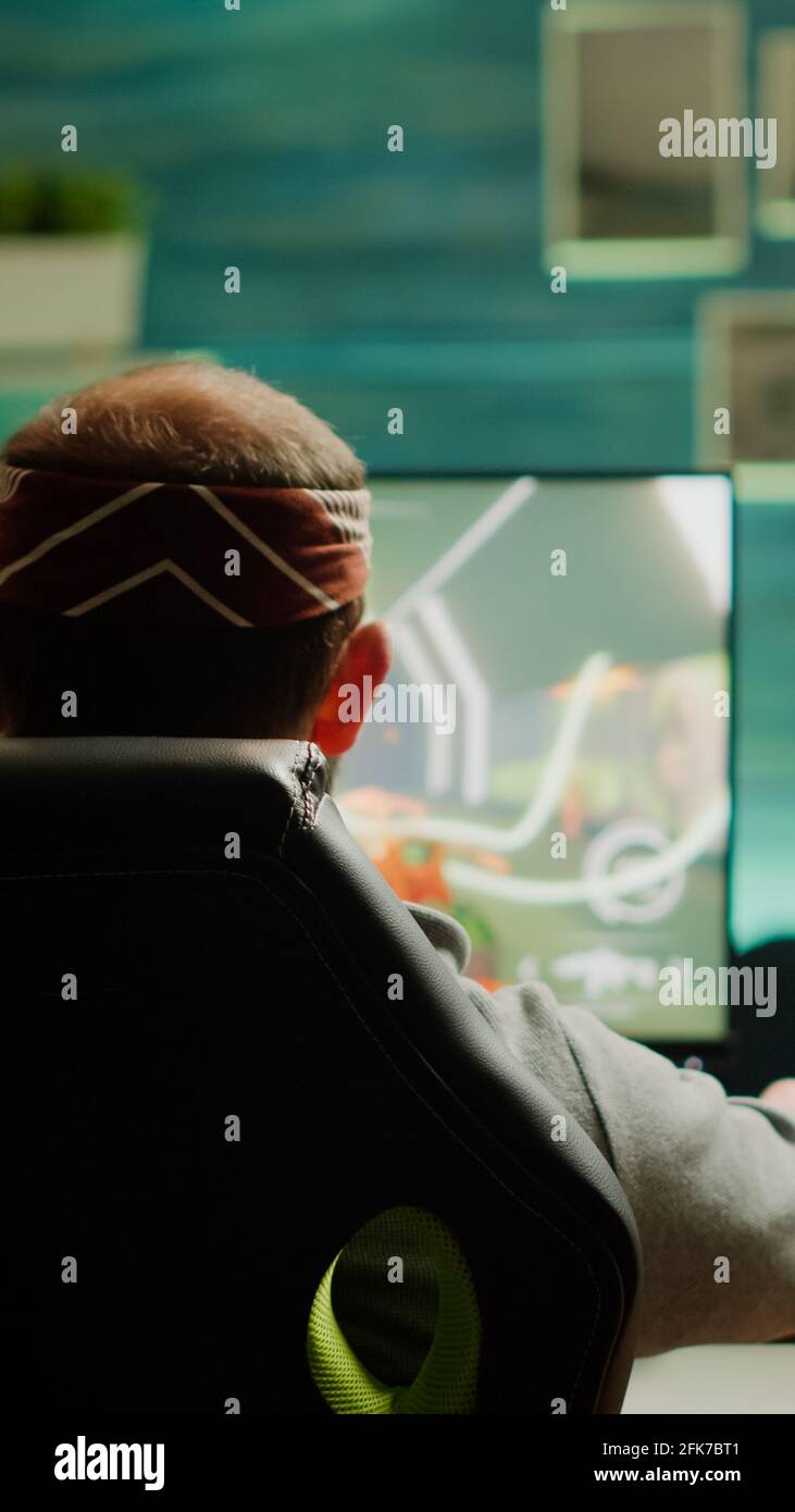 Professional pro gamer playing space shooter video game new graphics on  powerful computer from home. Virtual shooter game in cyberspace, esports  player performing on pc gaming tournament Stock Photo - Alamy