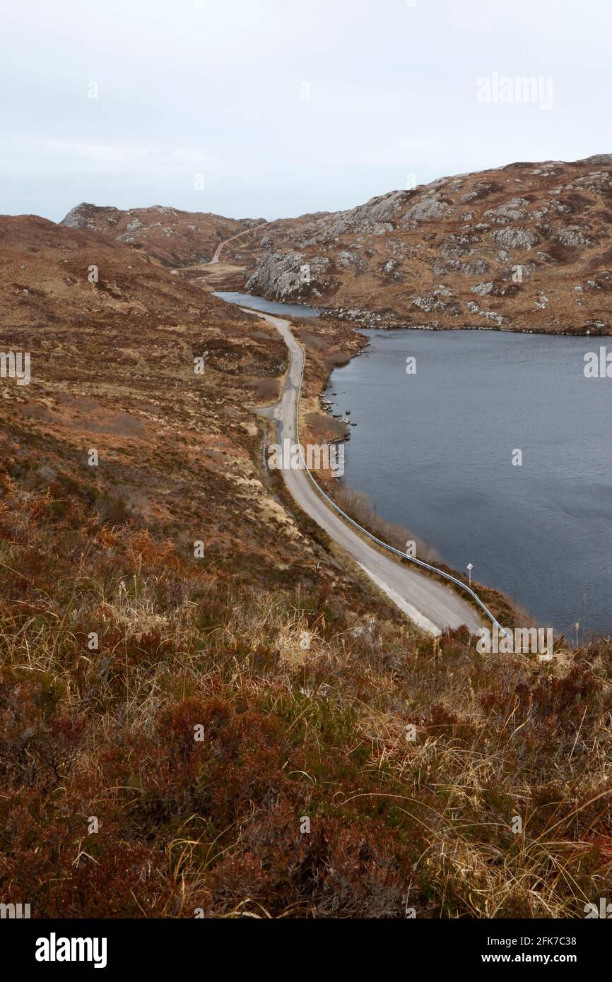 Road running beside Loch nam Brac, Sutherland, Scotland, UK Stock Photo