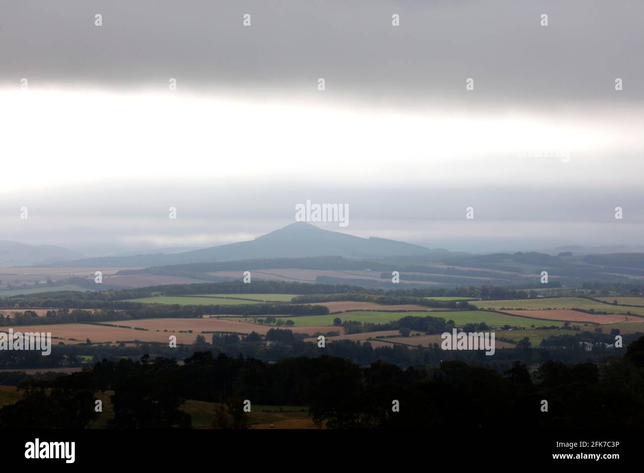 View across Teviotdale from Bemersyde Hill to Rubers Law, Scottish Borders, Scotland, UK Stock Photo