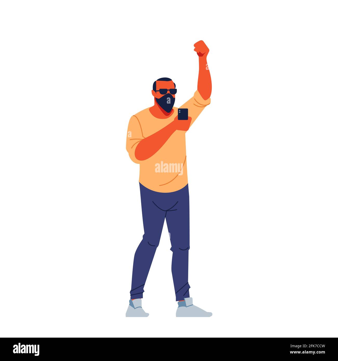 Protesting man with black mask, sunglasses and phone marching In protest, screaming angry, protesting and demanding political freedoms. Flat character Stock Vector