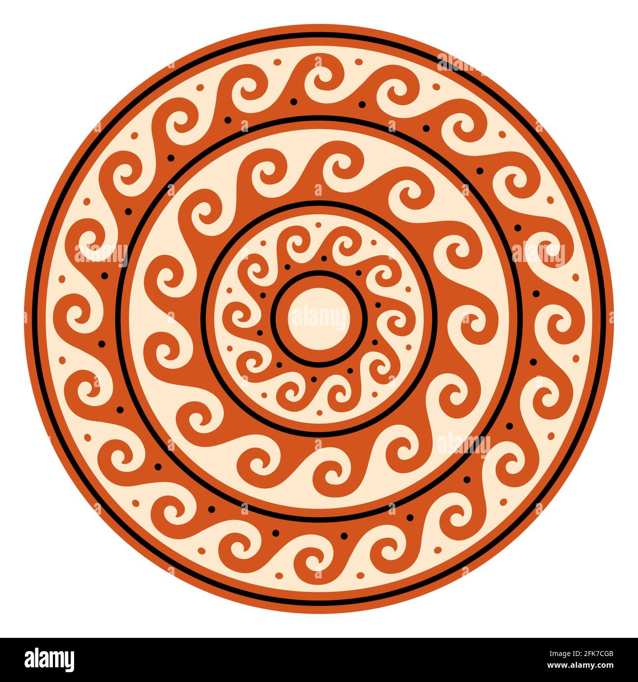 Greek wave vector mandala, ancient round meander art in circle, orange design isolated on white Stock Vector
