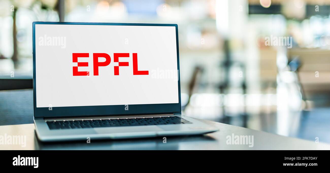 POZNAN, POL - APR 20, 2021: Laptop computer displaying logo of The Ecole polytechnique federale de Lausanne (EPFL), a research institute and universit Stock Photo