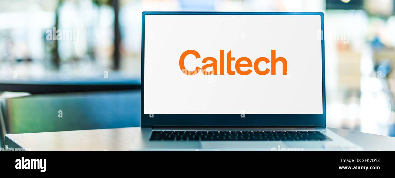 POZNAN, POL - APR 20, 2021: Laptop computer displaying logo of The California Institute of Technology (Caltech), a private research university in Pasa Stock Photo