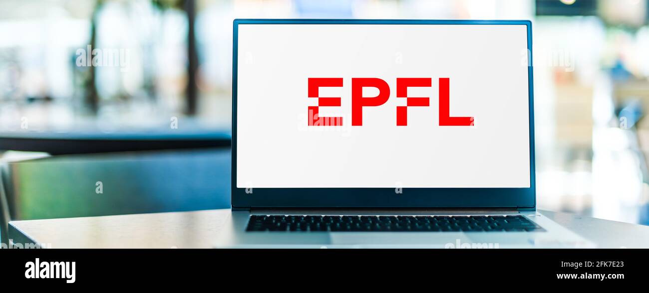 POZNAN, POL - APR 20, 2021: Laptop computer displaying logo of The Ecole polytechnique federale de Lausanne (EPFL), a research institute and universit Stock Photo