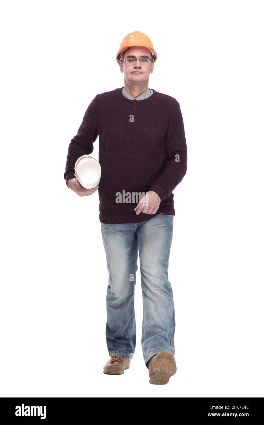 man in a protective helmet with drawings of a new project Stock Photo