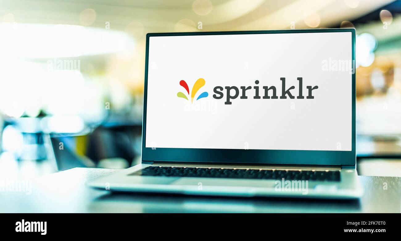 POZNAN, POL - MAR 15, 2021: Laptop computer displaying logo of Sprinklr, an American software company that develops a SaaS customer experience managem Stock Photo