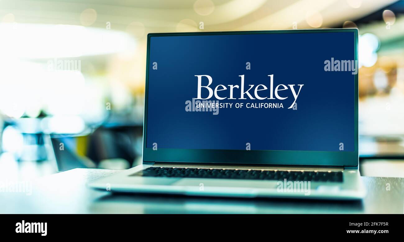 POZNAN, POL - APR 20, 2021: Laptop computer displaying logo of The University of California, Berkeley, a public, land-grant research university in Ber Stock Photo