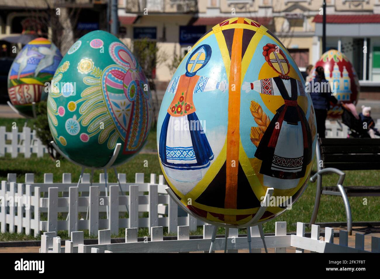 VINNYTSIA, UKRAINE - APRIL 28, 2021 - One of the 1.5m(3.2ft)-tall pysankas, Ukrainian Easter eggs, featuring Podillia folk ornaments is on display as Stock Photo
