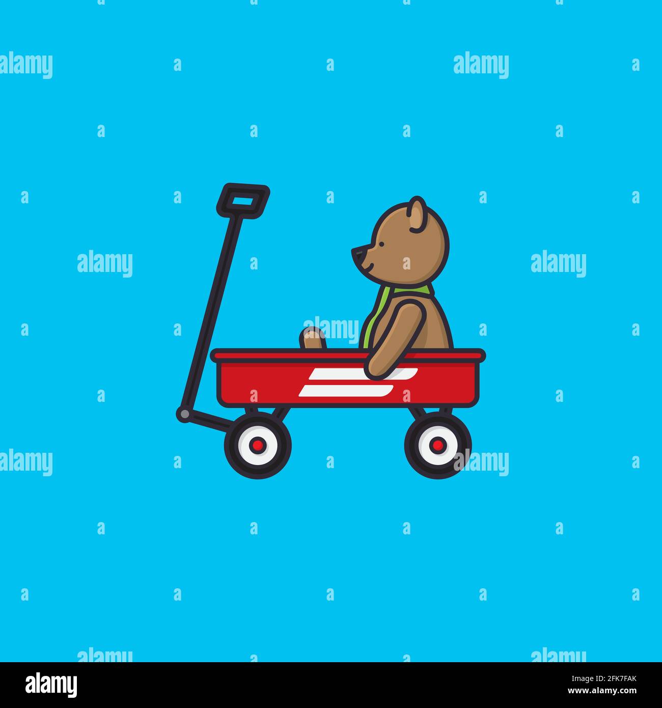 Teddy bear in little red wagon vector illustration. Children's toys