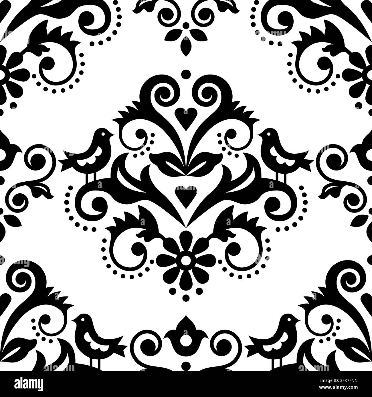 Damask tiled textile or fabric print vector pattern with flowers, birds and swirls, elegant repetitive design in black and white Stock Vector
