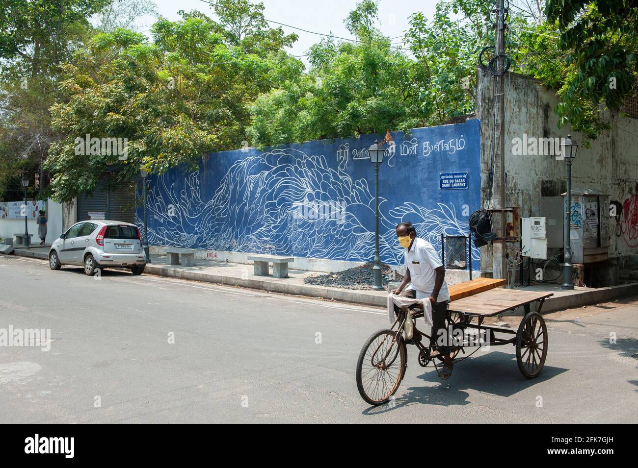 PONDICHERRY, INDIA - April 2021: Rue du Bazar Saint Laurent, street art by Delphine Delas. Stock Photo