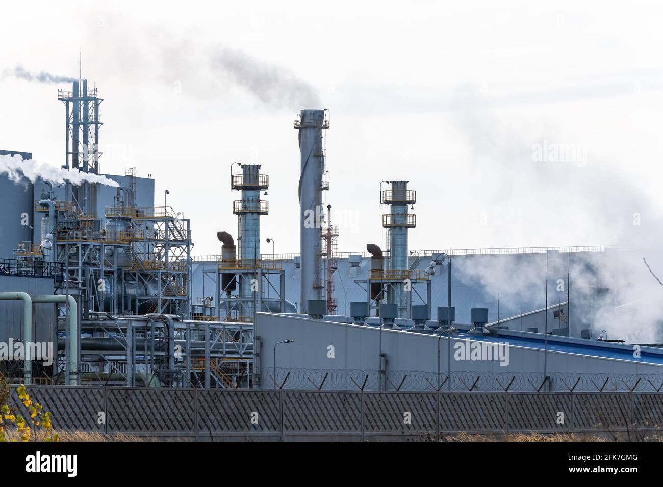 Chemical Plant factory with smoke stack. Smoke emission. Petrochemical ...