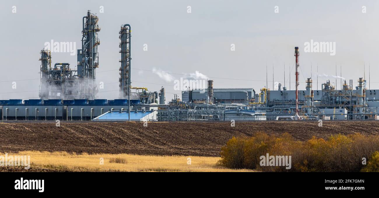 Chemical Plant factory with smoke stack. Smoke emission. Petrochemical ...