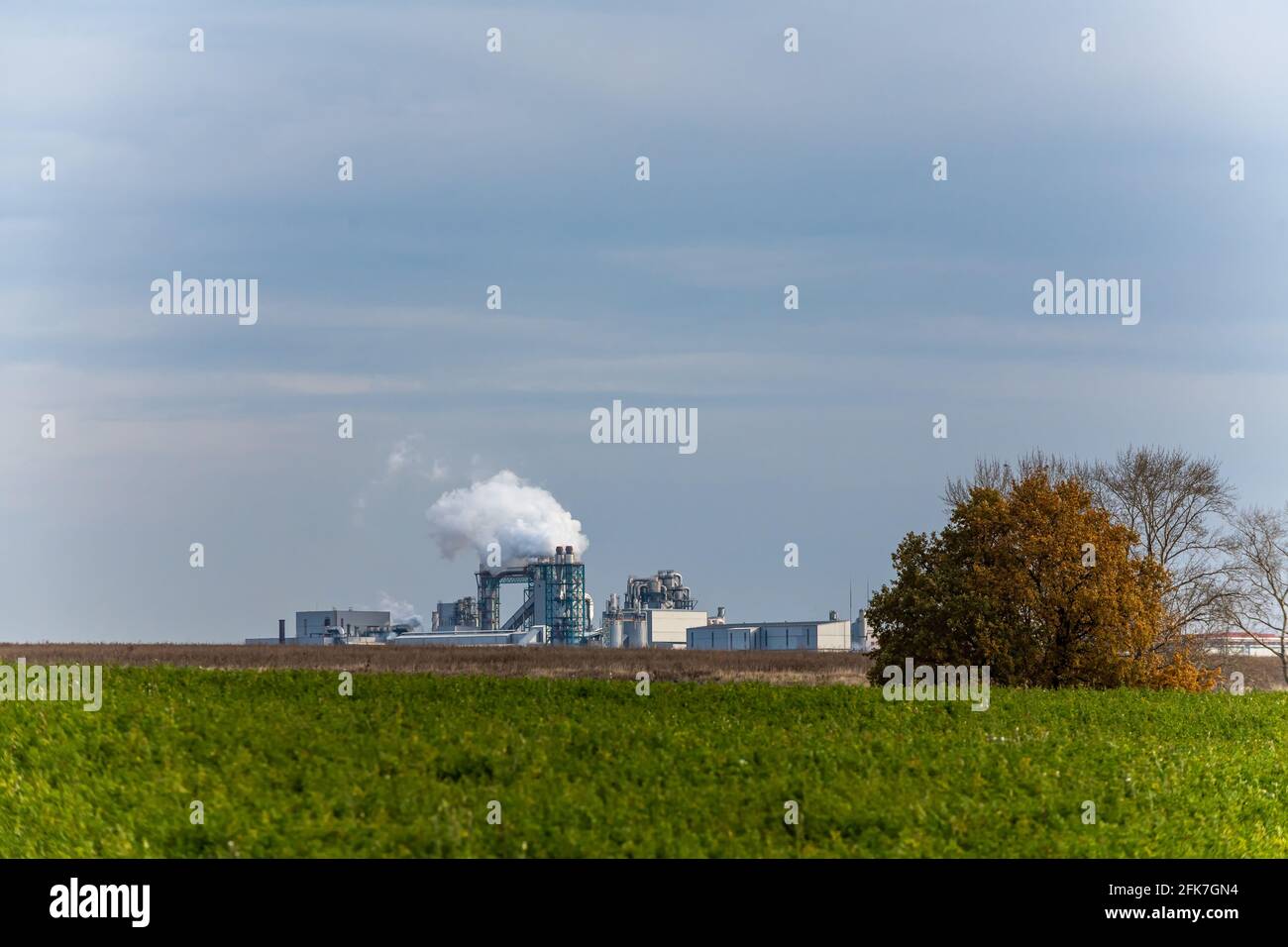 Chemical Plant factory with smoke stack. Smoke emission. Petrochemical ...