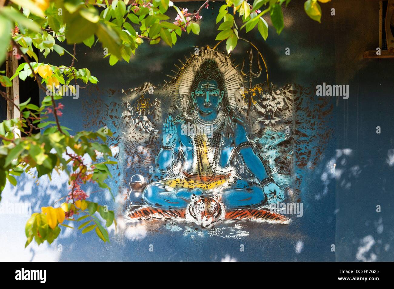 PONDICHERRY, INDIA - April 2021: Lord Shiva. Graffiti done by the french street artist Artiste Ouvrier on the wall of a house. Stock Photo