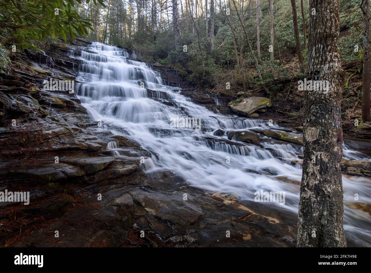 Minnehaha Falls, Chatthoochee National Forest - Rabun County, Georgia. Falls Branch flows over the layers of roack at Minnehaha Falls. Stock Photo