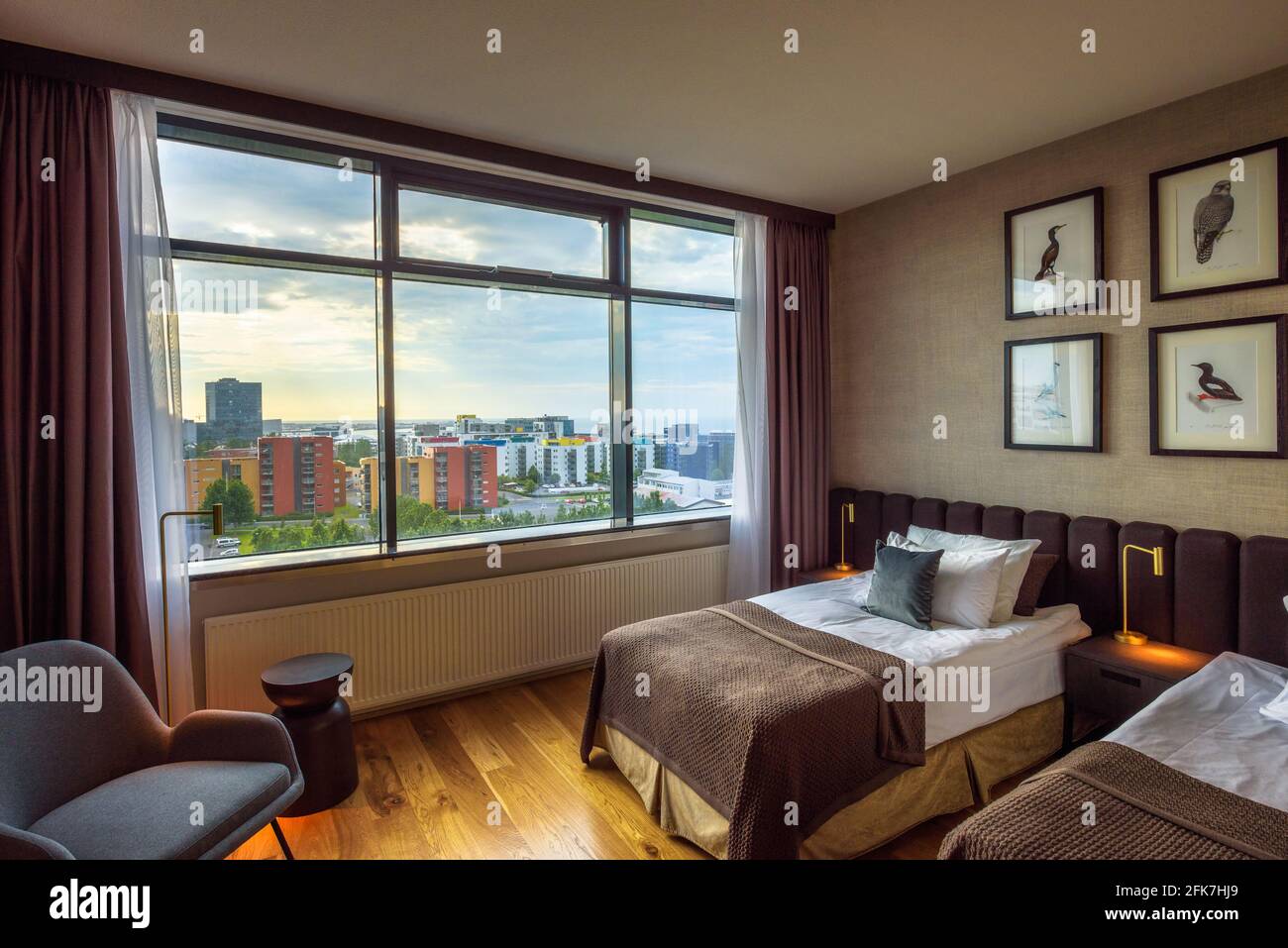 Interior of a room with city view in Grand Hotel Reykjavik, Iceland Stock Photo