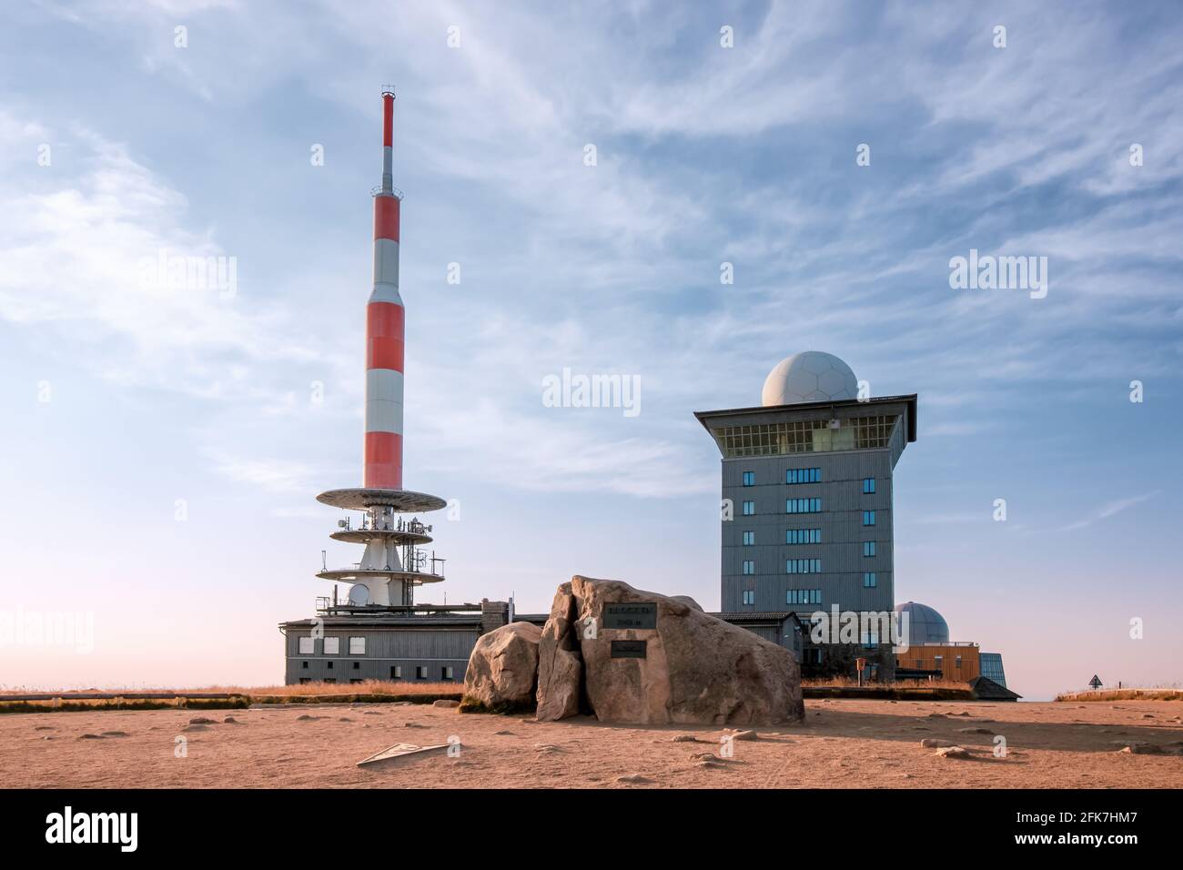 Mount Brocken in the Harz National Park, Saxony-Anhalt, Germany. Highest peak of the Harz mountains with summit stone, transmitter antenna and tower. Stock Photo