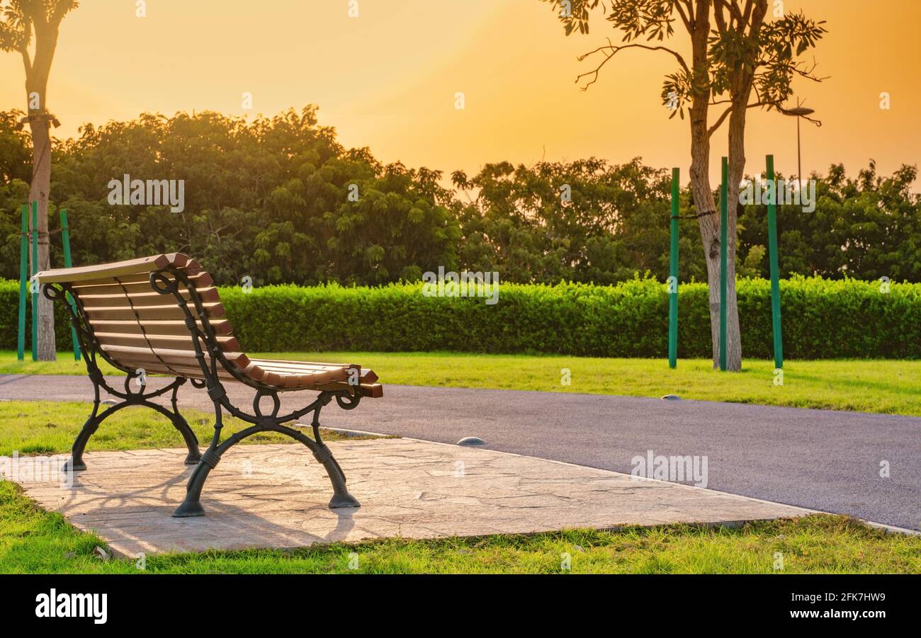 wooden bench at a park on a summer day in qatar Stock Photo