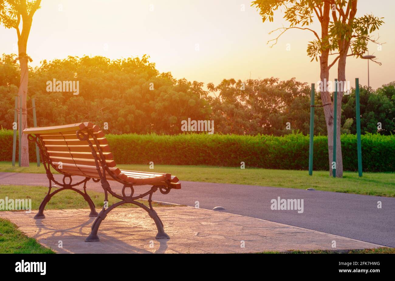 wooden bench at a park on a summer day in qatar. Stock Photo