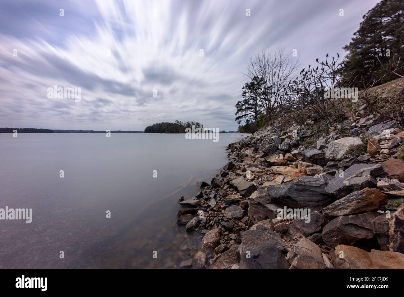 Mountain View Park, Lake Sidney Lanier - Hall County, Georgia. Clouds blowing in from the west across the lake on a winter afternoon. Stock Photo