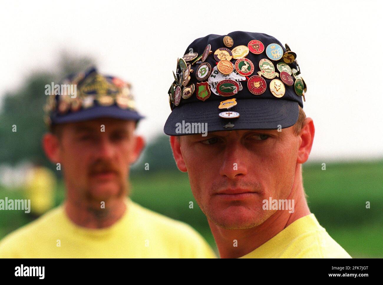 Right to Hunt Marcher  near London  1997  showing off his badges on cap  on route through Bedfordshire and Hertfordshire. Stock Photo