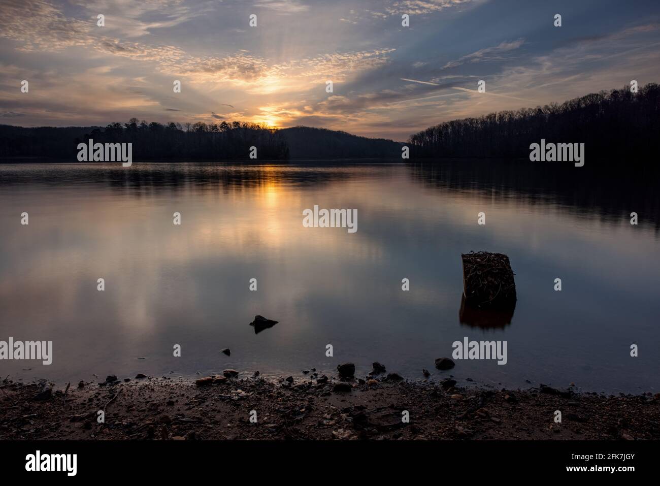Sunrise - Wahoo Creek Park,Lake Sidney Lanier - Hall County,Georgia. The sun rises over Lake Lanier on a late winter morning. Stock Photo