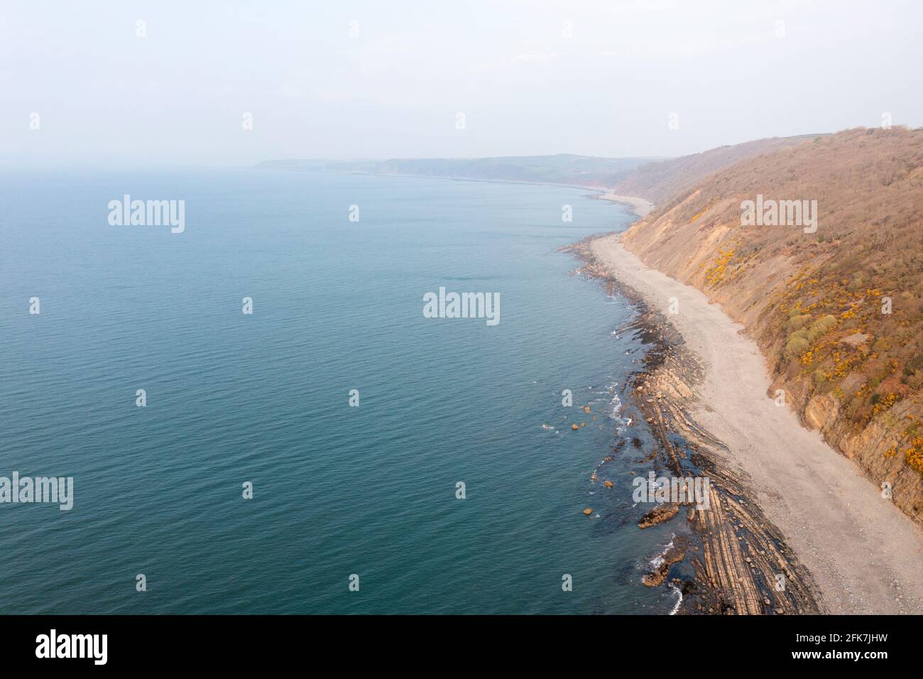 Aerial view of the rocky beach at Bucks Mills, North Devon, UK Stock Photo