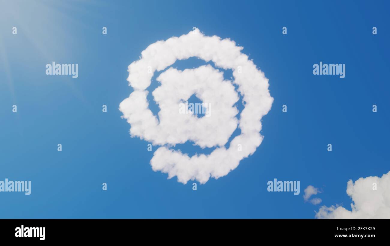 3d rendering of white fluffy clouds in shape of symbol of at sign on blue sky with sun rays Stock Photo