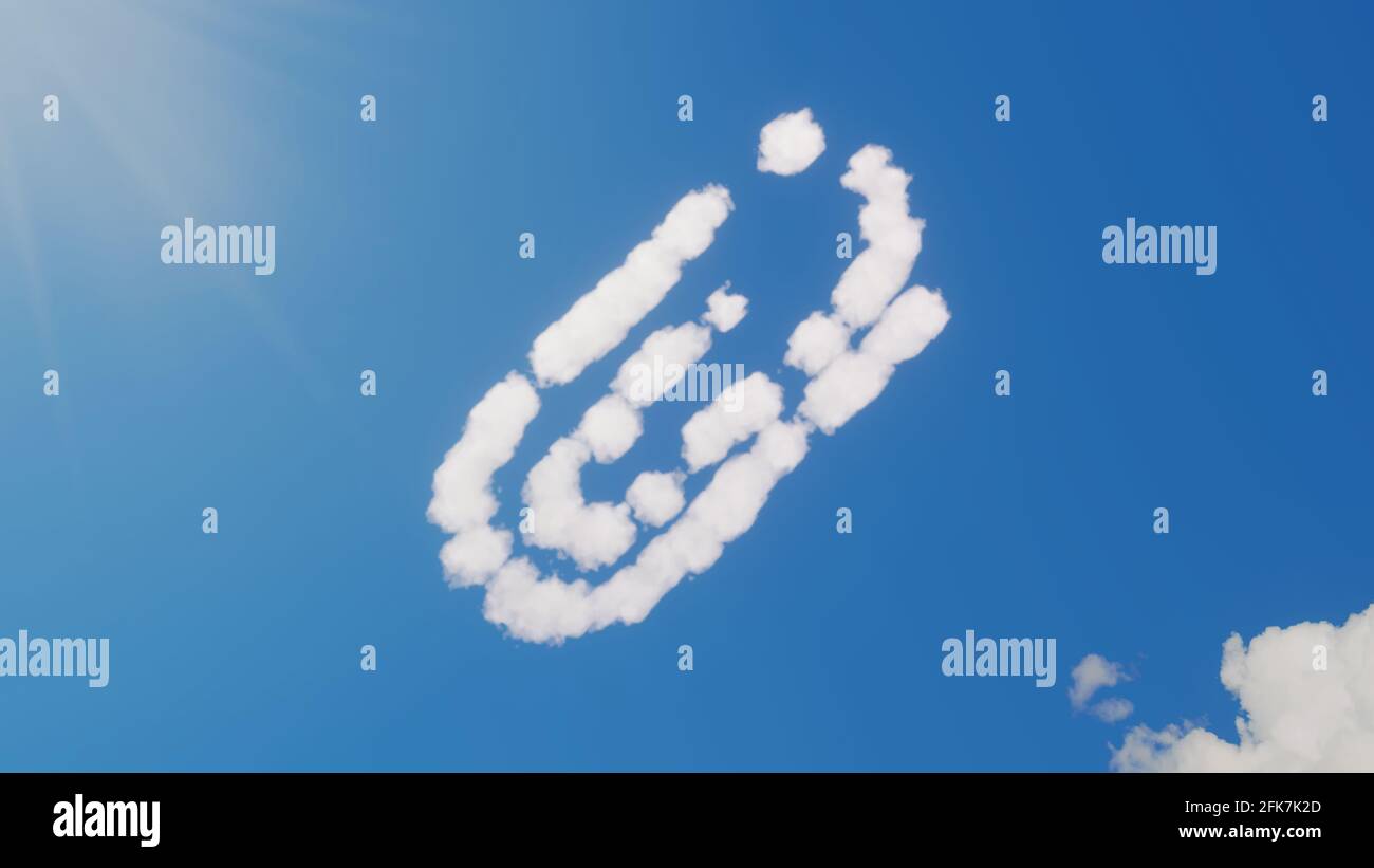 3d rendering of white fluffy clouds in shape of symbol of paper clip as attachment on blue sky with sun rays Stock Photo