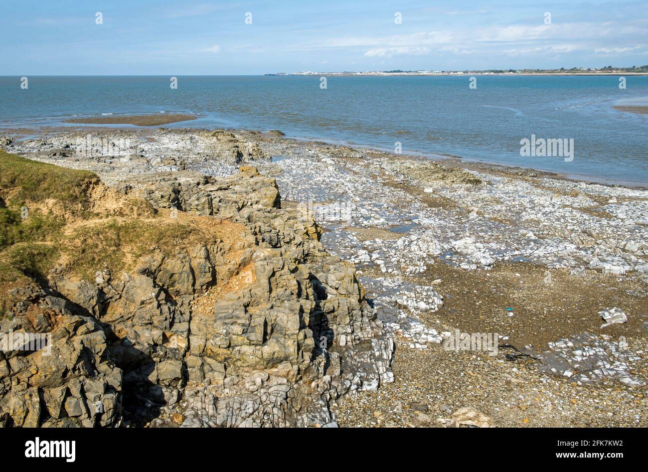 The estuary of the River Ogmore, or Afon Ogwr, where it empties out and fills up from the Bristol Channel at Ogmore by Sea South Wales Stock Photo