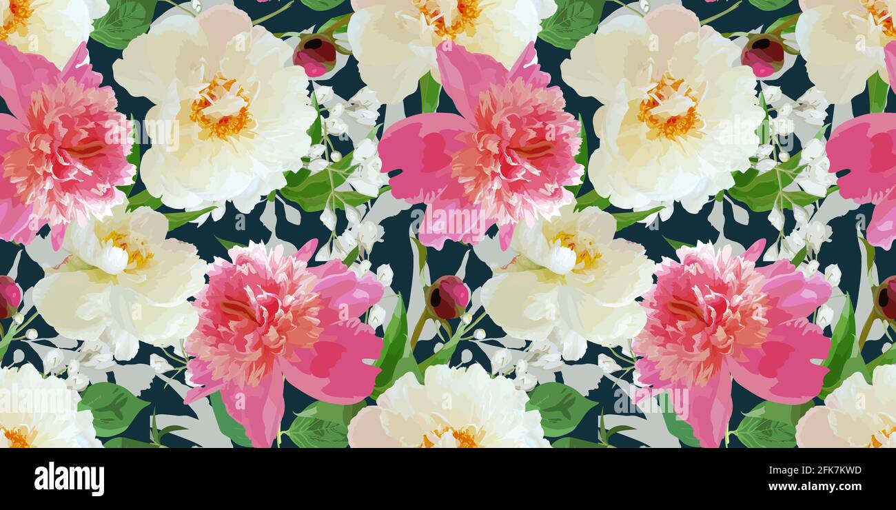 Seamless pattern with blooming realistic peonies. perfect background for invitations, cards, textiles. Stock Vector