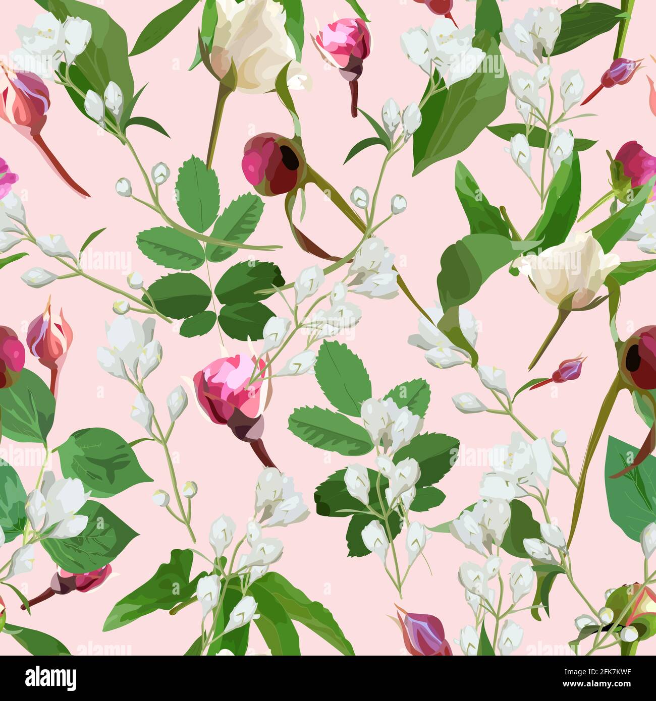 Seamless pattern with green leaves and branches and rosebuds Stock Vector