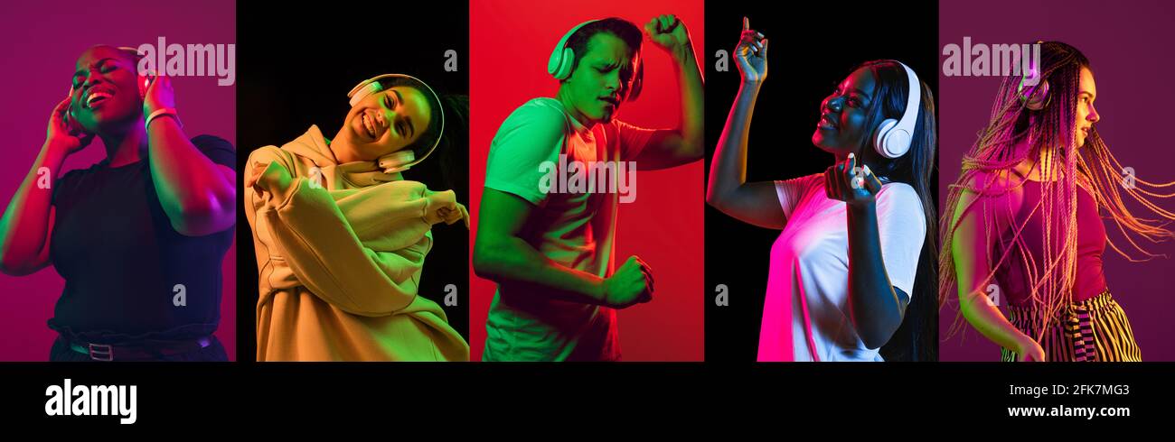 Portrait of group of people on multicolored background in neon light, collage. Dancing, music in headphones Stock Photo