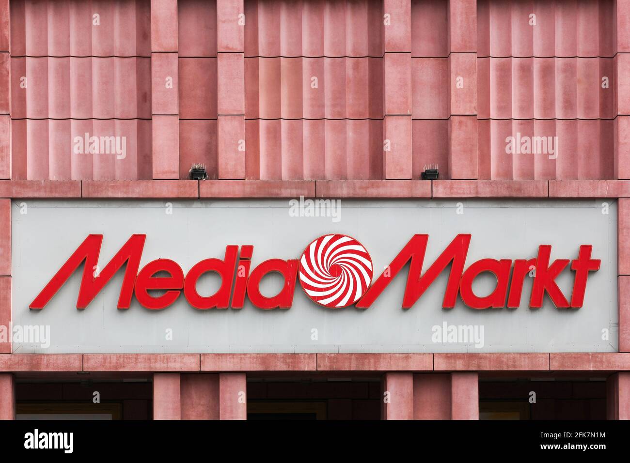 Berlin, Germany - July 12, 2020: Media Markt logo on a building. Media Markt is a German chain of stores selling consumer electronics Stock Photo